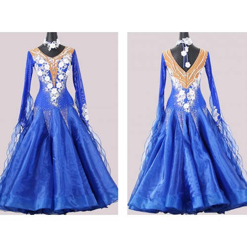 Custom size Competition royal blue diamond ballroom dance dresses for women girls waltz tango foxtort flamenco smooth dance long dresses for lady